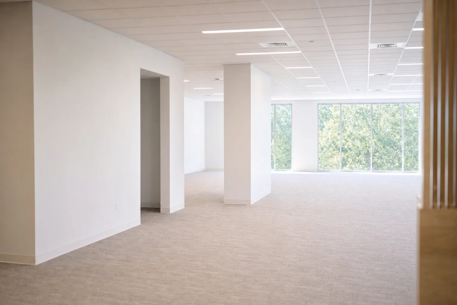 Spacious freshly painted commercial interior with smooth walls