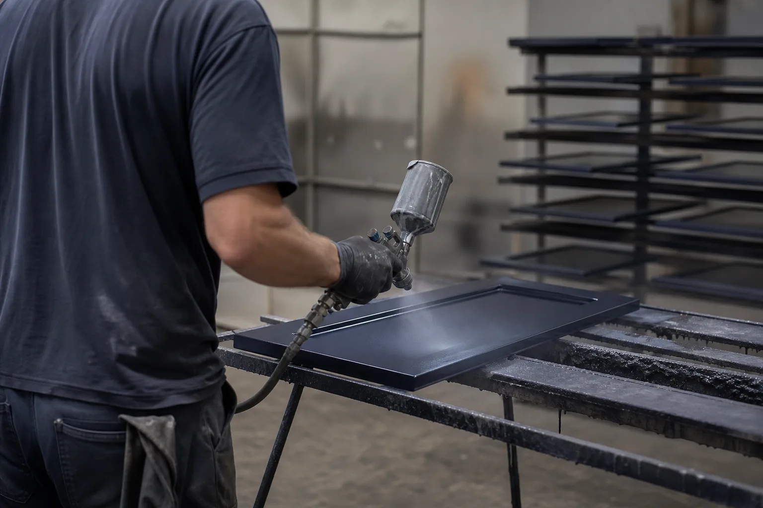 Painter spraying a kitchen cabinet door to a factory-smooth enamel finish
