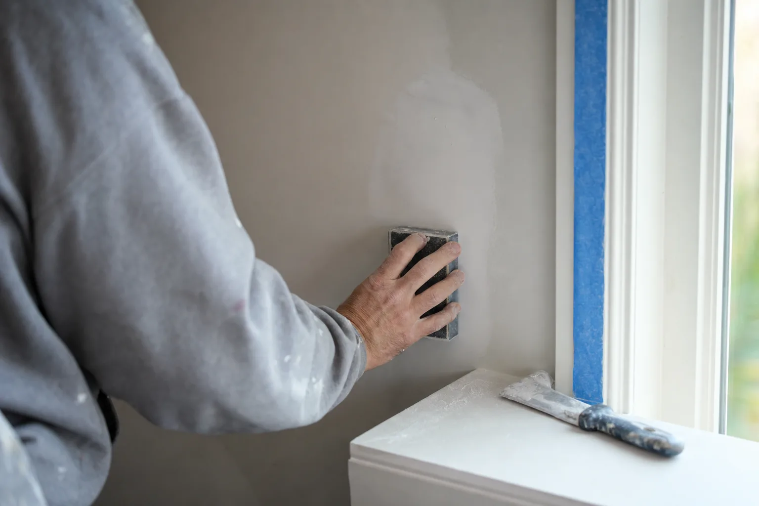 Painter's hands sanding a patched interior wall during prep