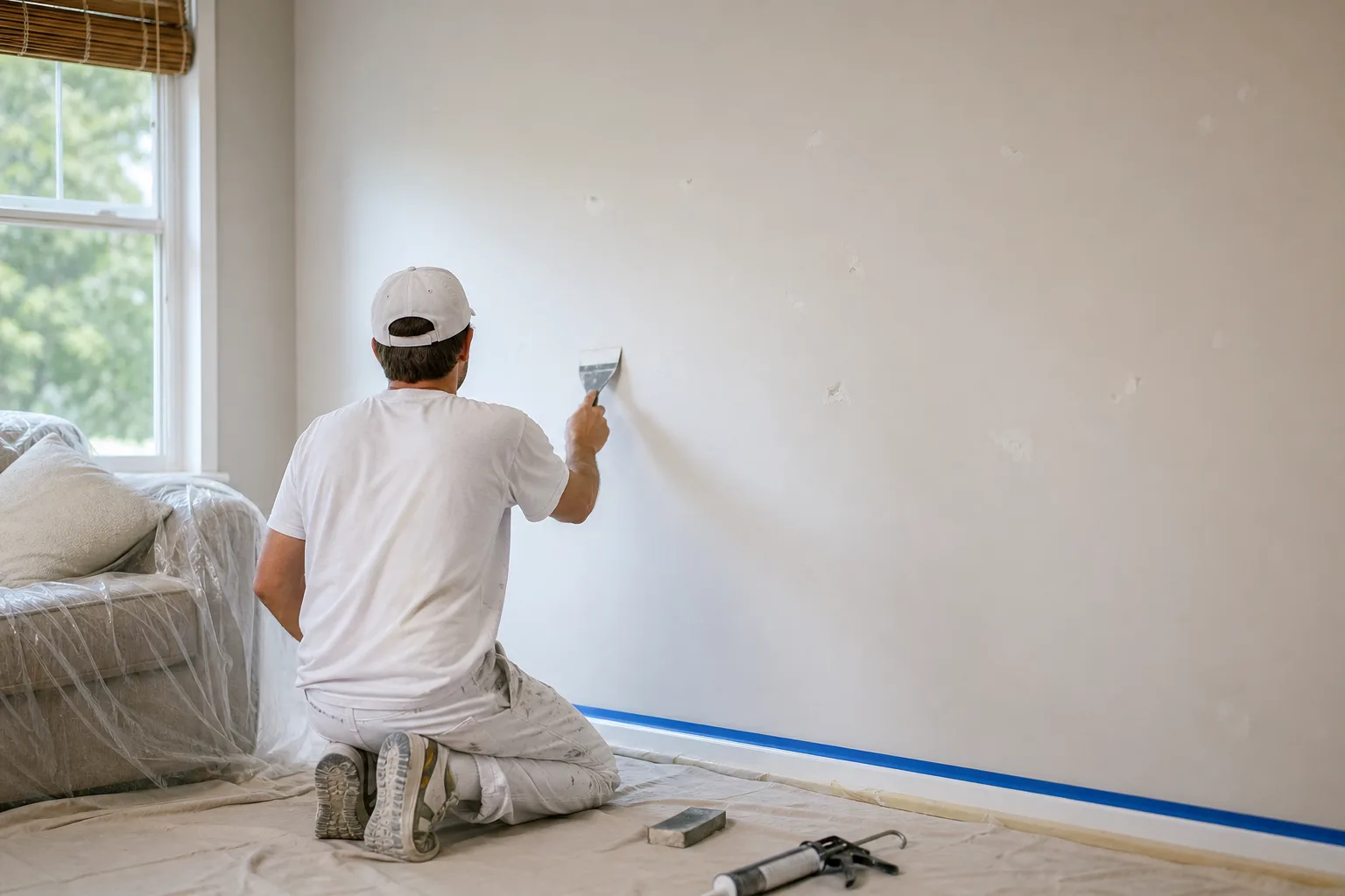 Interior wall prep before painting: filling and smoothing wall imperfections with a putty knife