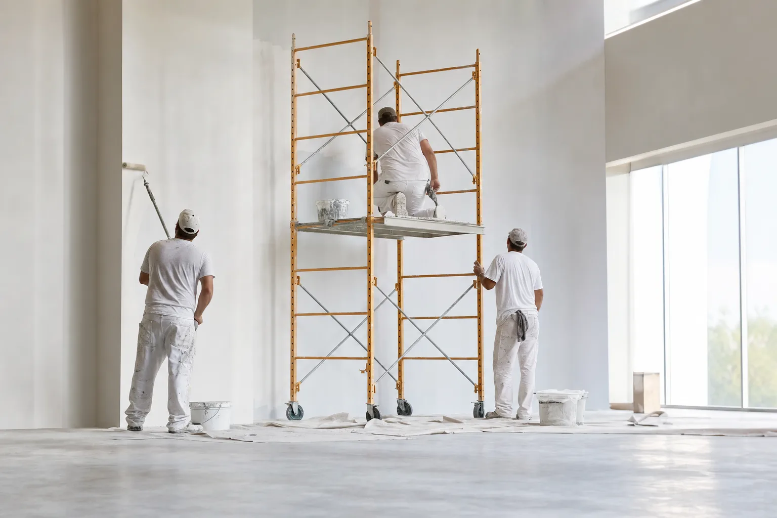 Small crew of painters working together in a large commercial space