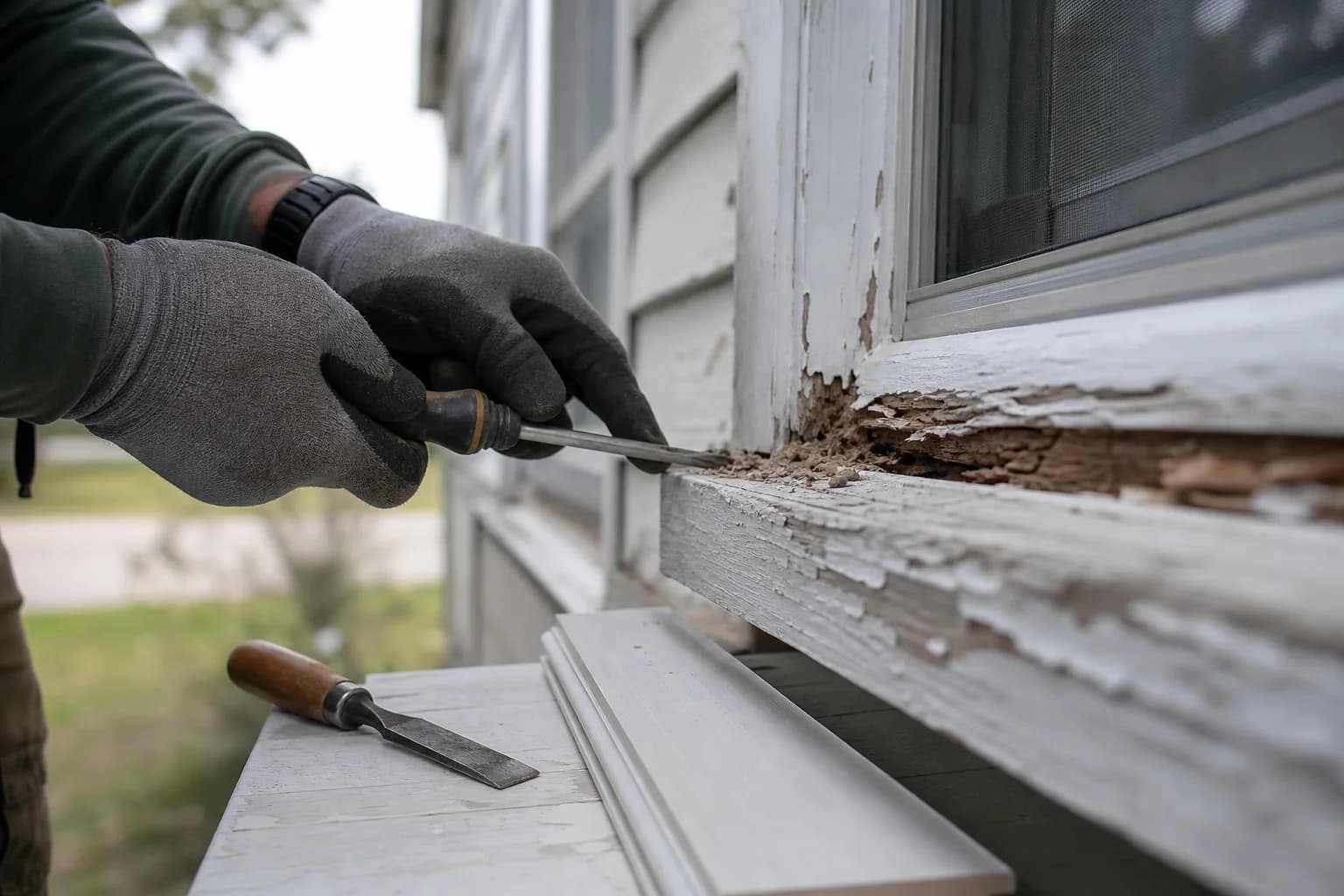 Testing a rotted wooden window sill corner with a screwdriver before carpentry repair and repainting