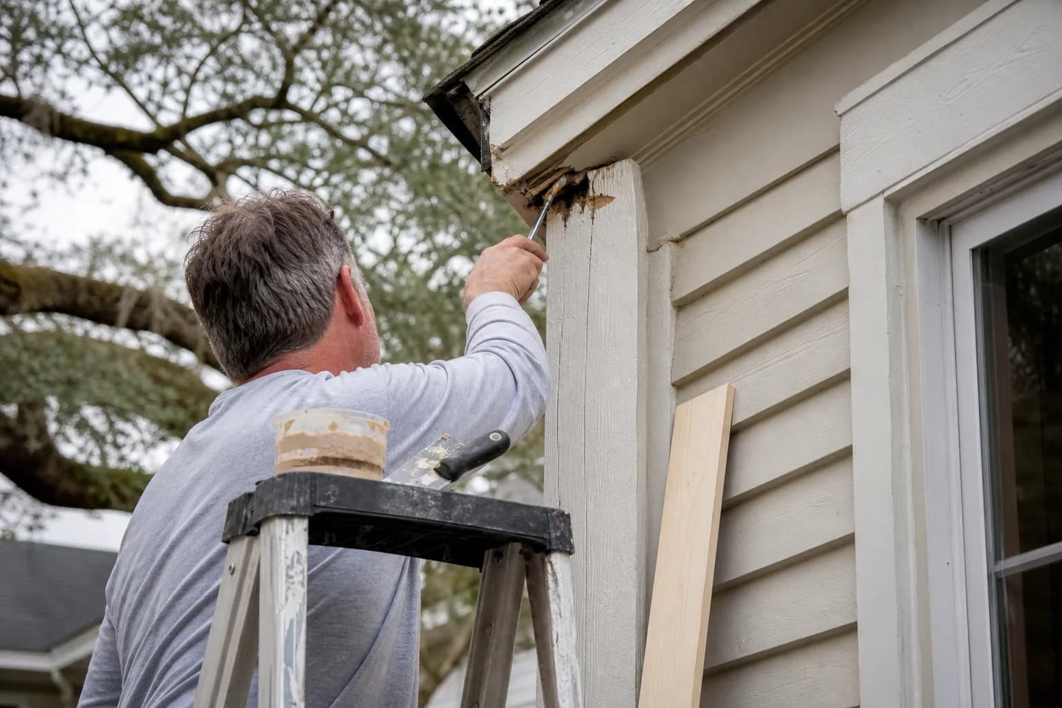 Comparing wood filler repair versus board replacement on rotted exterior trim, Gulf Coast home