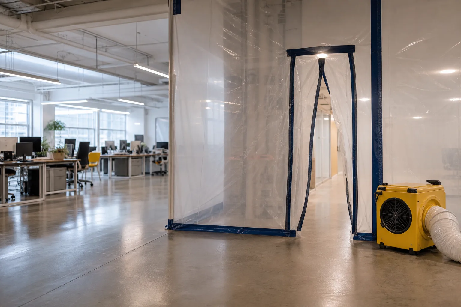 Dust control on a commercial paint job: floor-to-ceiling poly containment wall with a zip-wall door sealing off the work zone